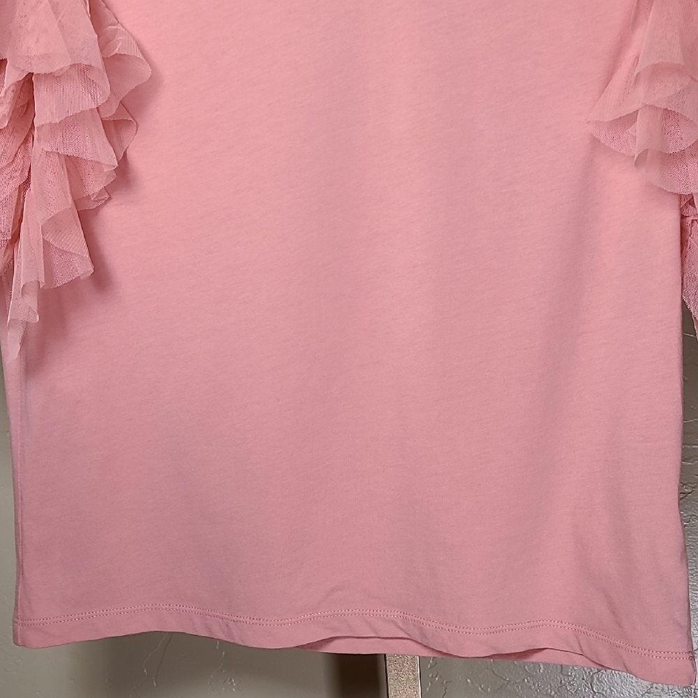 Alice + Olivia Blush Pink Rylan Tulle Sleeve T-shirt Fairy Top 100% Cotton - Picture 6 of 16
